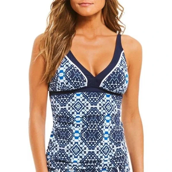 Tommy Bahama Indigo Cowrie Diamonds Over The Shoulder Shirred Tankini To… - Picture 1 of 10